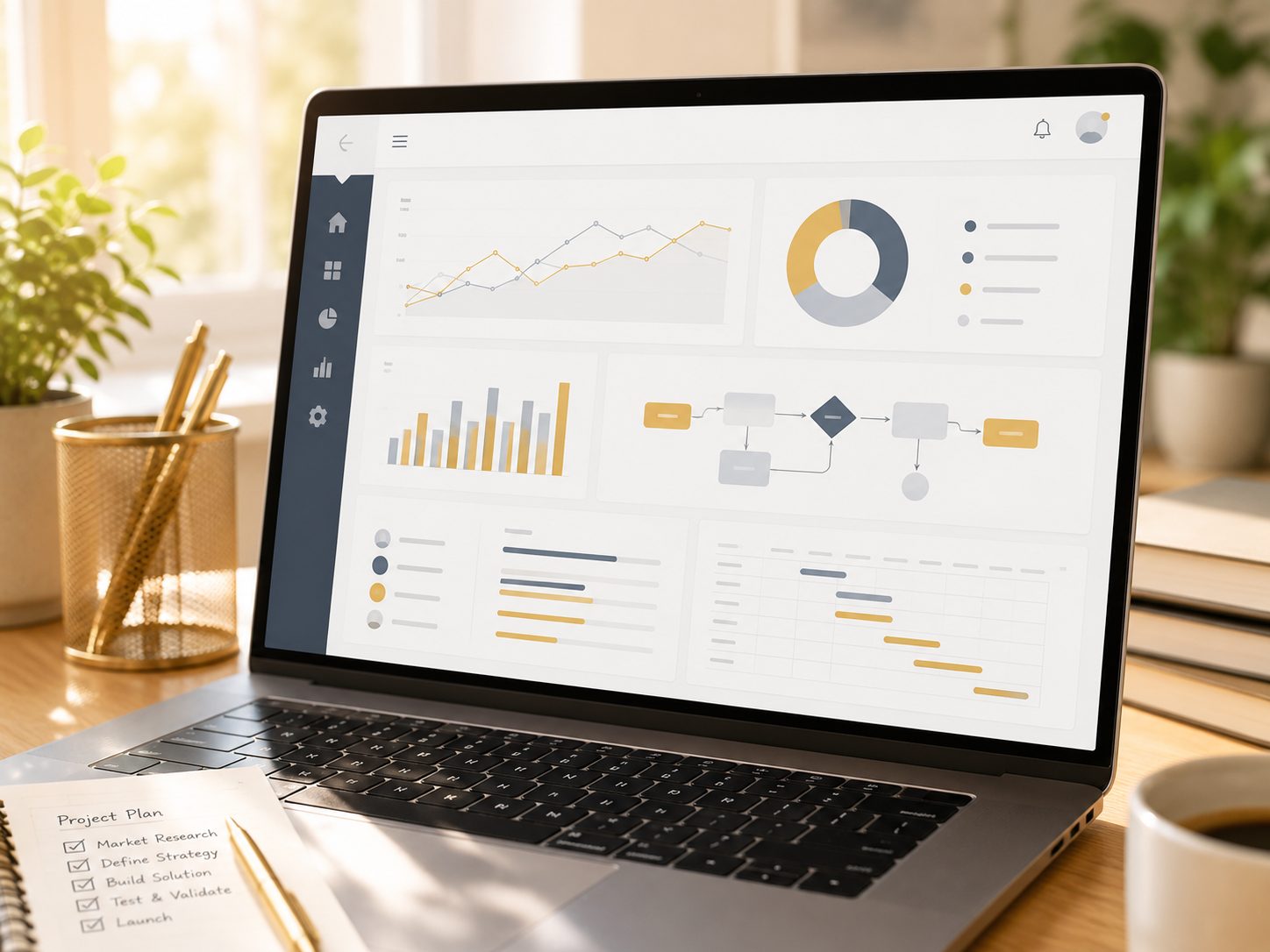 A laptop screen displaying an abstract analytics dashboard